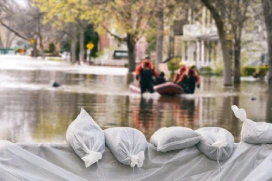 Sandbags piled up on a residential street, with a team of emergency response professionals in protective gear riding in an inflatable boat through the flood waters.